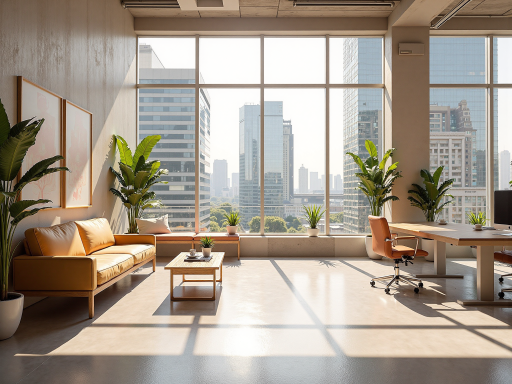 公司办公环境，现代化办公室内部，木质家具搭配传统装饰元素，温暖明亮的自然光线，展现专业文化氛围