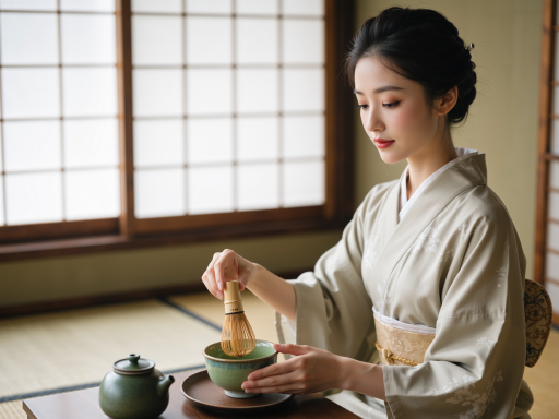 茶艺表演现场，传统茶具摆放整齐，身着传统服装的茶艺师，宁静雅致的环境