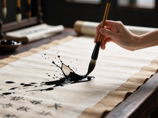 国画创作过程，画家正在宣纸上作画，传统绘画工具，专注的艺术创作场景